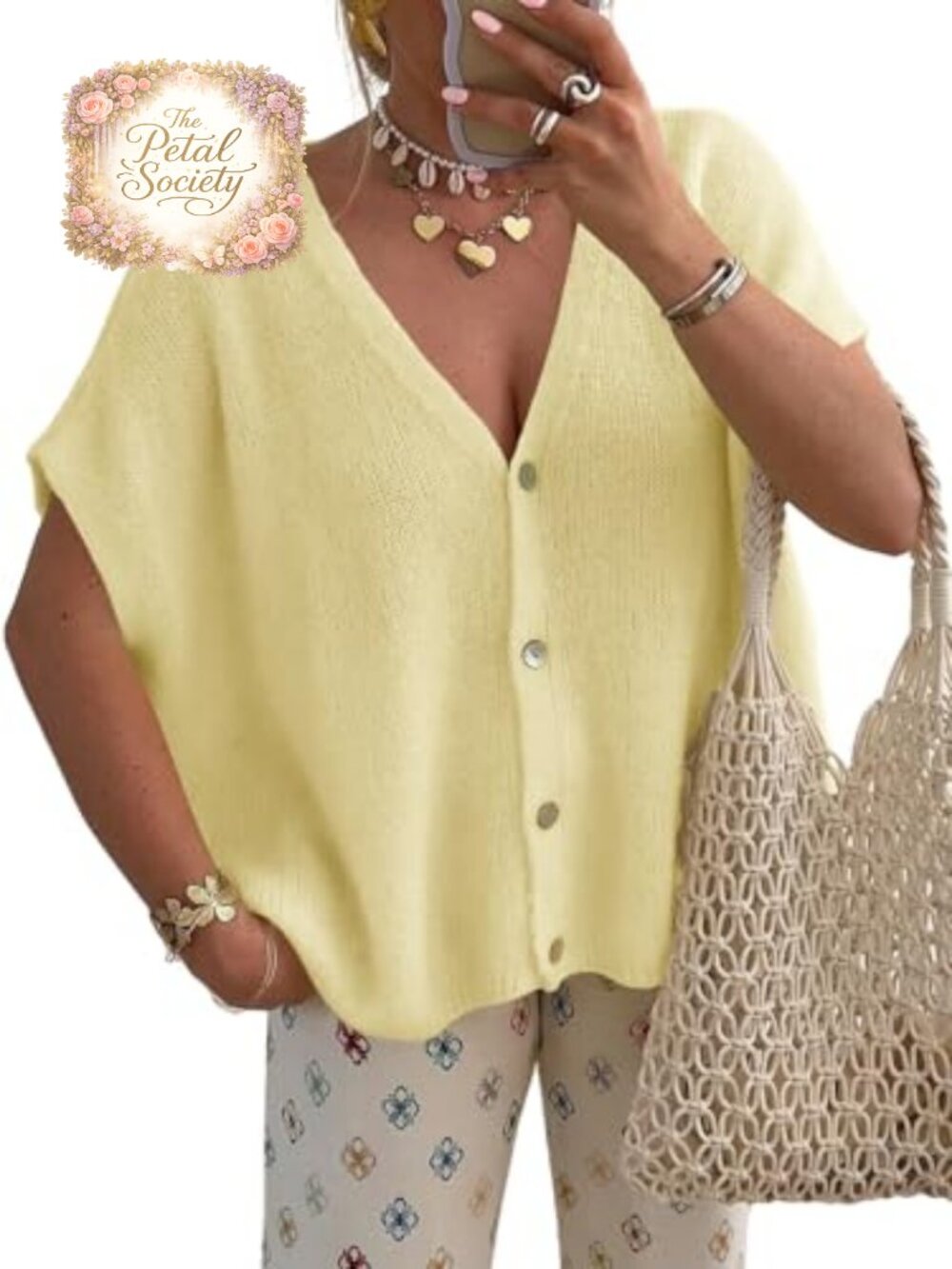 Oversized Knit Cardigan Short Sleeve Button Down V-Neck Loose Fit